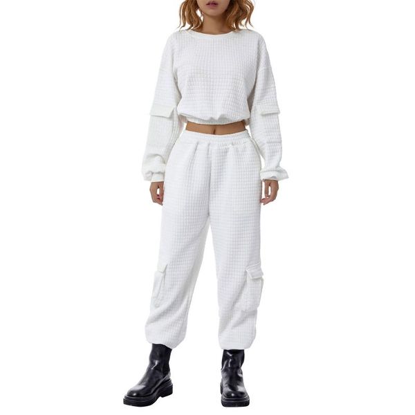 

women's two piece pants women\u2021s t-shirt and trousers suit fashion solid color long sleeve pocket beam feet, White