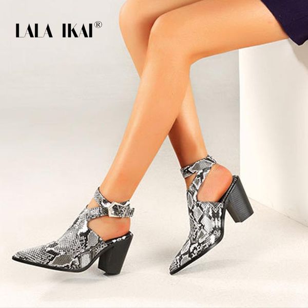 

dress shoes lala ikai 2021 spring summer woman snake pattern pointed toe high square heels buckle sandals shallow pumps xwc6758-4, Black