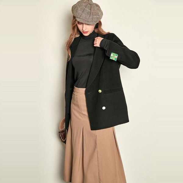 

women's wool & blends cinessd winter coat women woman clothes 2021 fashion black double-sided one button mid-long coats female