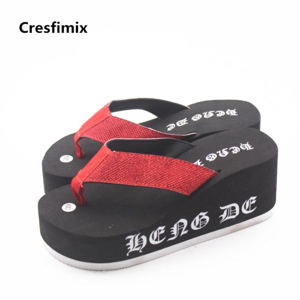 

cresfimix femmes tongs women fashion 7cm high heel beach flip flops lady height increased summer casual slippers, Black