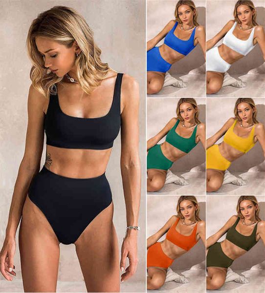 

women's tracksuits 7 colors 2021 solid color knitted tank bikini high waist two-piece sets conservative swimsuit female fashion suit, Gray