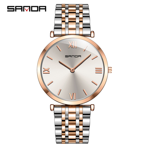 

wristwatches sanda luxury business watch men waterproof strap stainless steel professional design fashion rose gold men's quartz, Slivery;brown