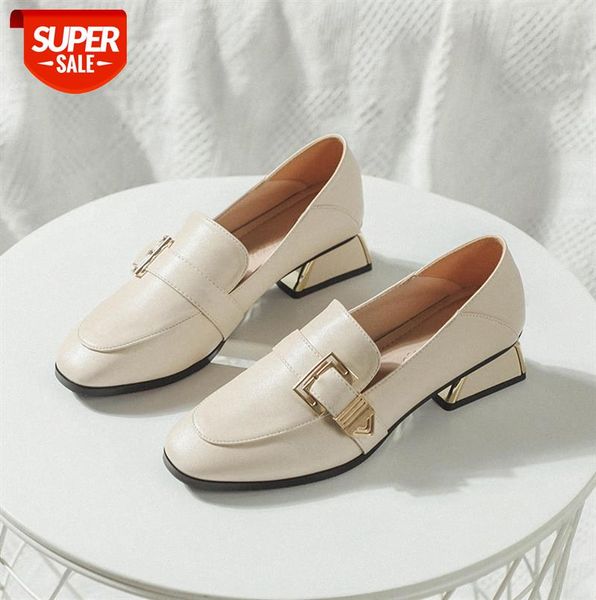 

korean style metal buckle small leather shoes thick heel british single mid-heel all-match loafers women's #ba1h, Black