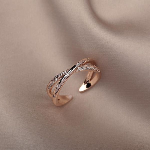

cluster rings 2021 arrival trendy geometric simple rose gold cross zircon adjustable fashion women crystal party, Golden;silver