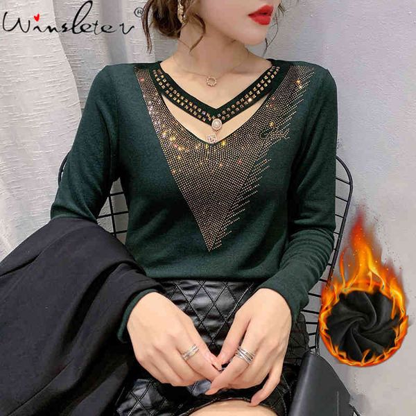 

women's t-shirt fall winter korean style girl v-neck hollow out shiny dimonds women with fleece brushed cotton tees t0n0, White