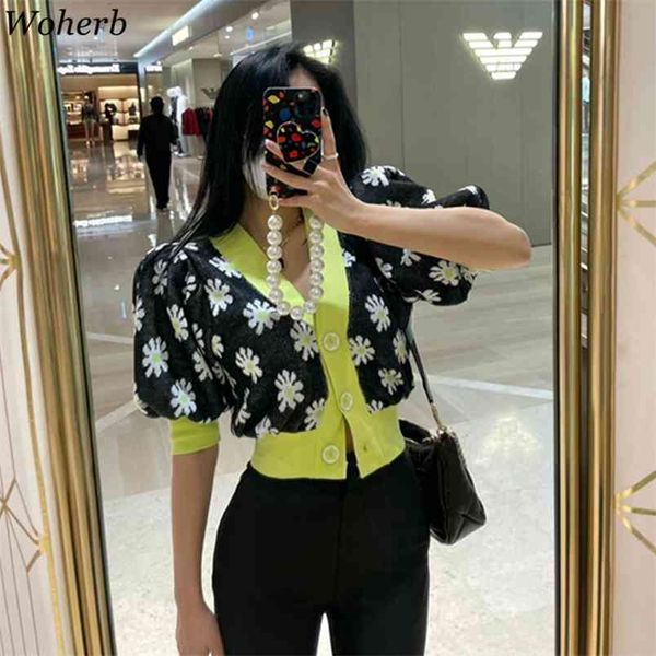 

summer thin cardigan korean fashion women knitted floral puff sleeve v-neck slim ladies crop cardigans femme 210519, White