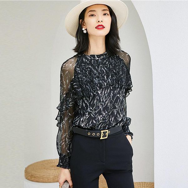 

100% silk blouse women casual style long sleeve printed simple o neck short flare sleeves loose fashion women's blouses & shirts, White