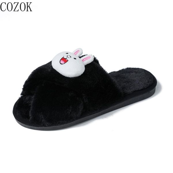 

winter open-toed female cotton drag solid color shoe upper animal doll decoration sweet and cute female slippers, Black