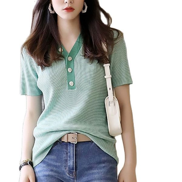 

women's t-shirt striped knitted t women summer button v-neck short sleeve tee casual plaid woman clothes tshirt ropa mujer x, White