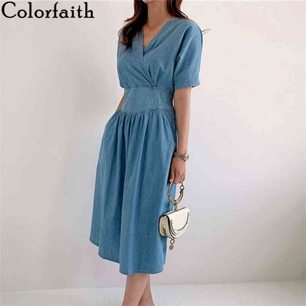 

women denim dress summer v-neck casual korean style vintage high elastic waist streetwear long dr6720 210427, White;black