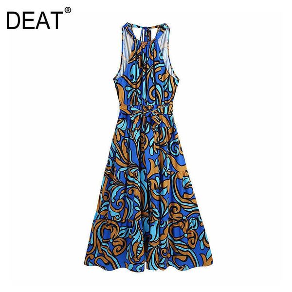 

[deat] summer fashion loose printing sleeveless halter sashes knee-length high waist elegant dress women 13q136 210527, Black;gray
