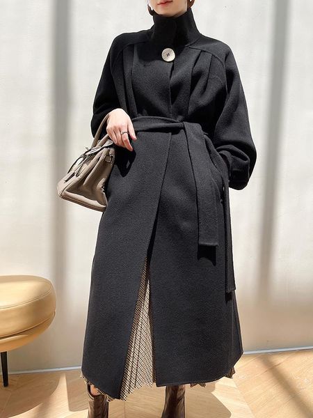 

women's wool & blends double sided cashmere coat high-end long knee a-line belt thickened hepburn tweed in autumn and winter, Black