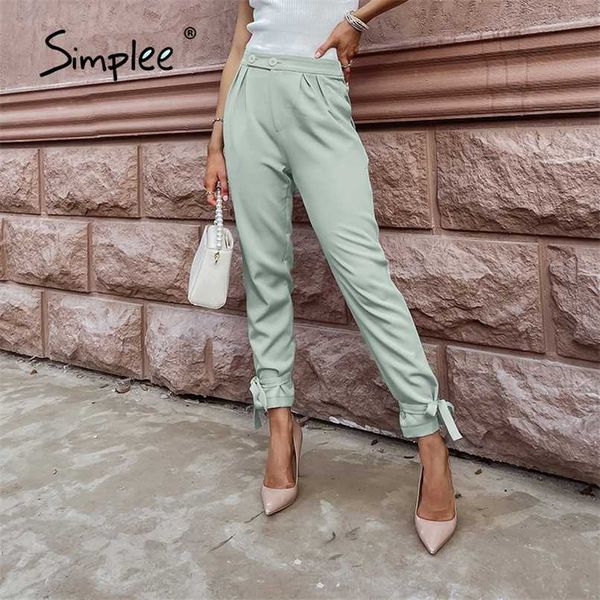 

autumn casual long skinny women pants bow mid waist pocket female straight solid green pleated ladies bottoms 211112, Black;white
