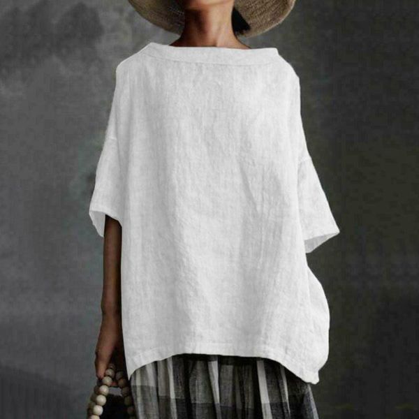 

women's blouses & shirts elegant female half sleeve loose shirt women cotton and linen solid color streetwear ropa mujer verano 3#q, White