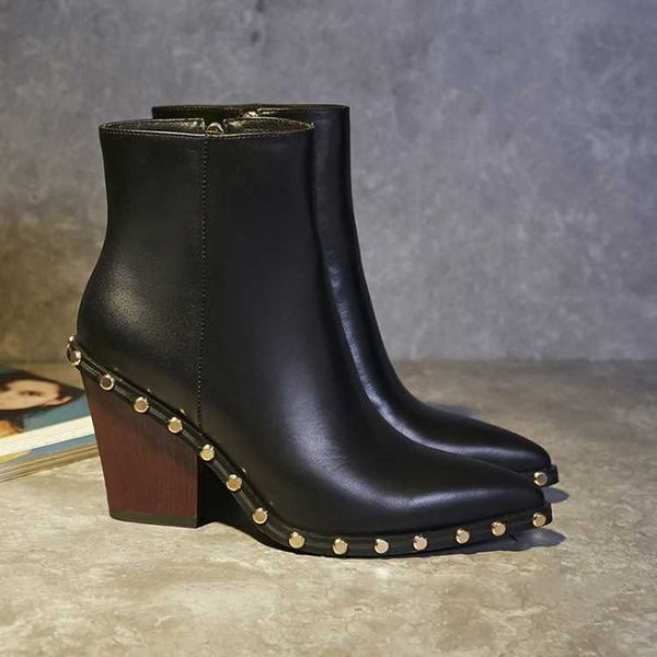 

autumn net red left bank xiao short boots thick heels high women's rivet boots, Black