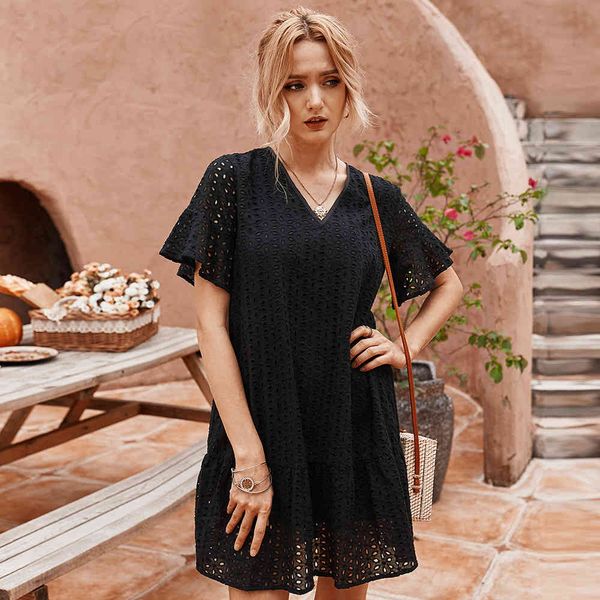 

dresses summer women's hollow out lace ladies butterfly sleeve v-neck solid above knee mini black white wkkz, Black;gray