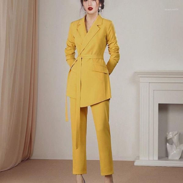 

women's suits & blazers runway office ladies trousers suit spring women yellow notched belt 2 piece set + fashion pencil work pants, White;black