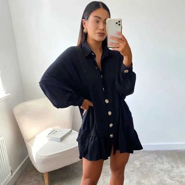 

women shirt-dress long sleeves collared ruffled hem short dress casual fashion mini woman dresses 210709, Black;gray