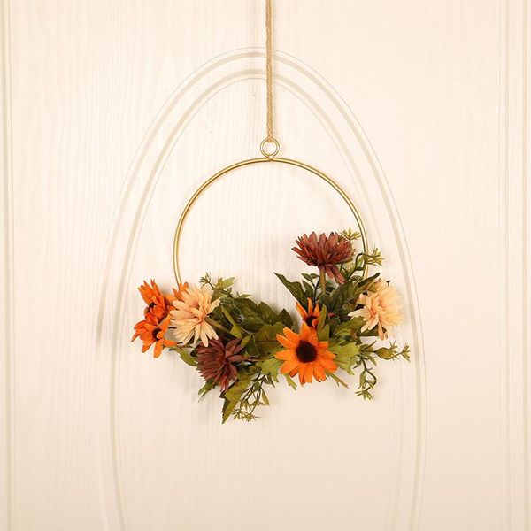 

metal geometric hoop wreath frame,artificial sunflower hanging pendant for front door window seasonal home decoration decorative flowers & w