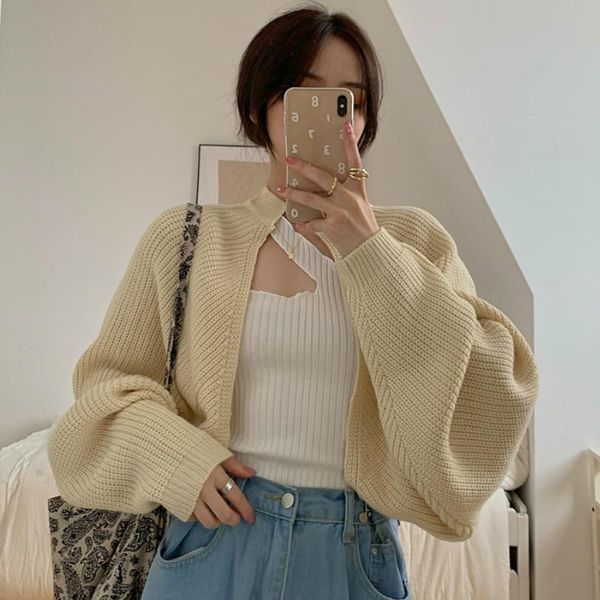 

gentle style short long-sleeved knitted cardigan women's summer apricot color lazy loose sweater coat knits & tees, White