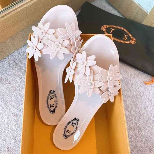 

high version t family flat 2021 summer new flower jelly fashion female slippers, Black