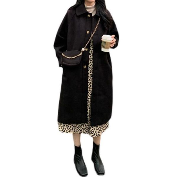 

women's wool & blends button-up coats women long sleeve jackets autumn winter trench coat mid-length overcoat outwear holiday top, Black