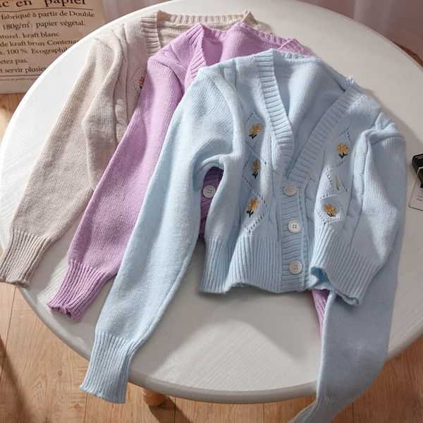 

women's knits & tees cardigan short women grey/light blue flower embroidery winter korean vintage single breasted long sleeve sweater f, White