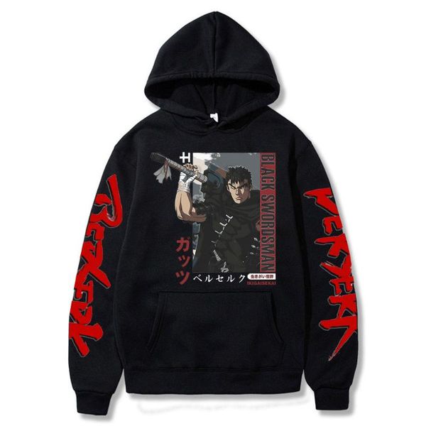 

men's hoodies & sweatshirts 2021 anime hoodie berserk guts graphics logo hip hop long sleeve hooded sweatshirt casual loose print unise, Black