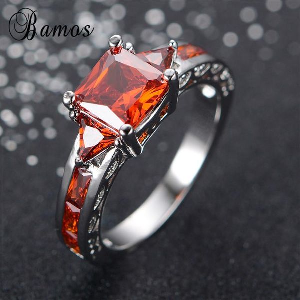 

wedding rings bamos silver color july birthstone ring princess cut red cubic zirconia for women engagement rw0636, Slivery;golden