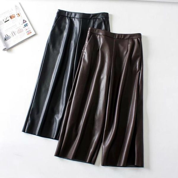 

women's pants & capris autumn womens pu leather wide leg calf lenth zipper pockets winter faux loose female trousers, Black;white