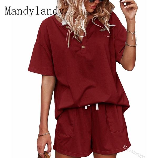 

women's tracksuits mandylandy summer short sleeve button v-neck t-shirt + lace up high waist straight shorts suit solid color loose, Gray