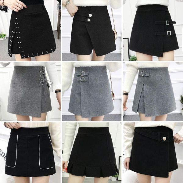 

skirts woman short skirt autumn and winter high waist irregular shorts culottes a- line faldas jupe, Black