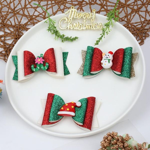 

3"christams cute glitter bows clips hairpins hair accessories for kids santa claus hat barrettes handmade headwear, Slivery;white