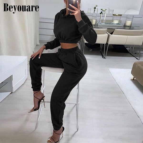 

women's two piece pants beyouare cotton sports women set casual hooded sweatshirt long sleeve crop high waist wide leg solid suit, White