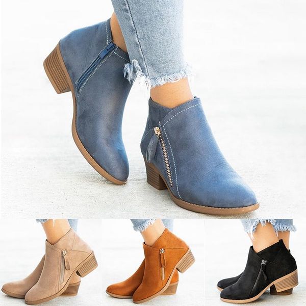 

boots shujin women autumn winter flock ankle slip-on round toe 3.5cm square heel solid casual black camel booties size 35-43