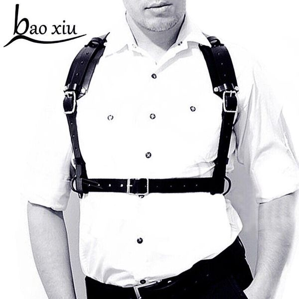 

fashion handsome male punk goth handmade leather suspender belts harness body bondage chest belt cage waist straps, Black;brown