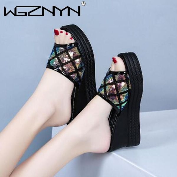 

women slippers summer sequins platform wedge slides woman bling leather beach sandals open toe casual shoes ladies outdoor, Black