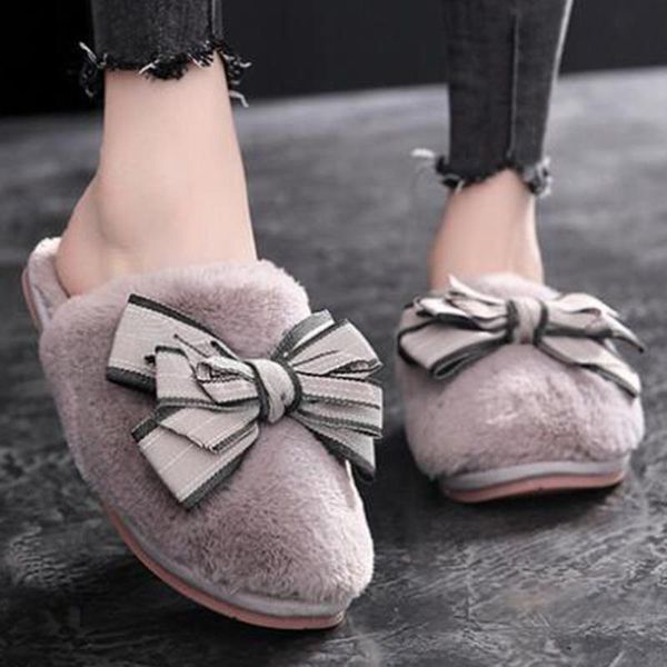 

slippers winter shoes women outdoor home female fur flat slides non-slip ladies cute bow warm plush s965, Black