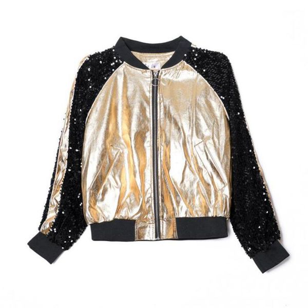 Damenjacken Frühling Patchwork Pailletten Ärmel Pu Jacke Frauen Baseball Uniform Grundlegende Kurzmantel Weibliche Reißverschluss Gold Silber Schwarz Bomber