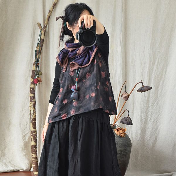 

vests amu / flax clothing, fragrant cloud yarn, craft printing, women's waistcoat, high-quality cotton linen waistcoat, Black;white