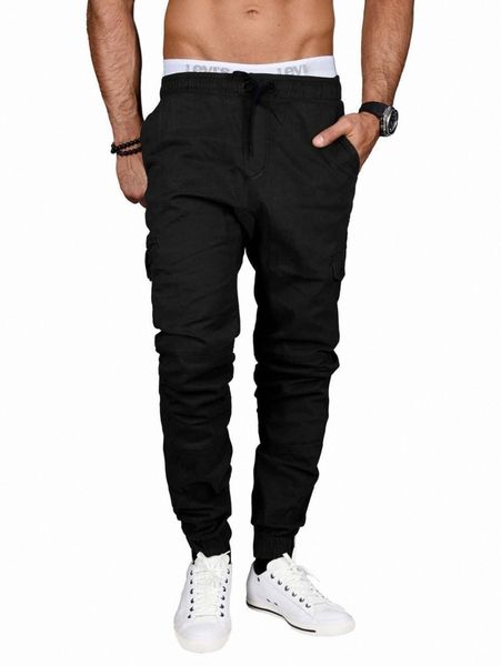 

men drawstring waist slant pocket pants q7t9#, Black