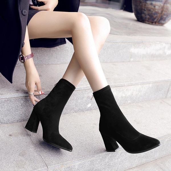 

boots pointed women's zippered suede stretch chunky heel winter, Black