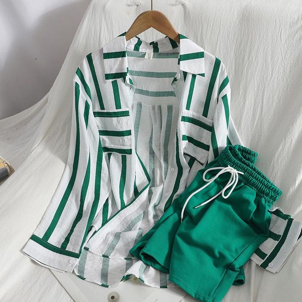 

women's tracksuits summer loose long pocket striped cardigan sun protection shirt with casual lace-up wide-leg shorts two-piece suit wo, Gray