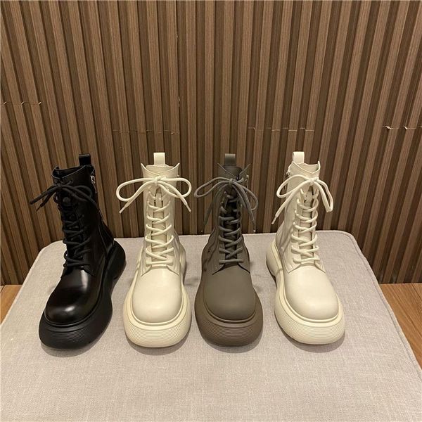 

boots med heel rock shoes woman boots-women round toe lace up lolita 2021 ladies autumn rubber black flat solid ankle pu rome ba