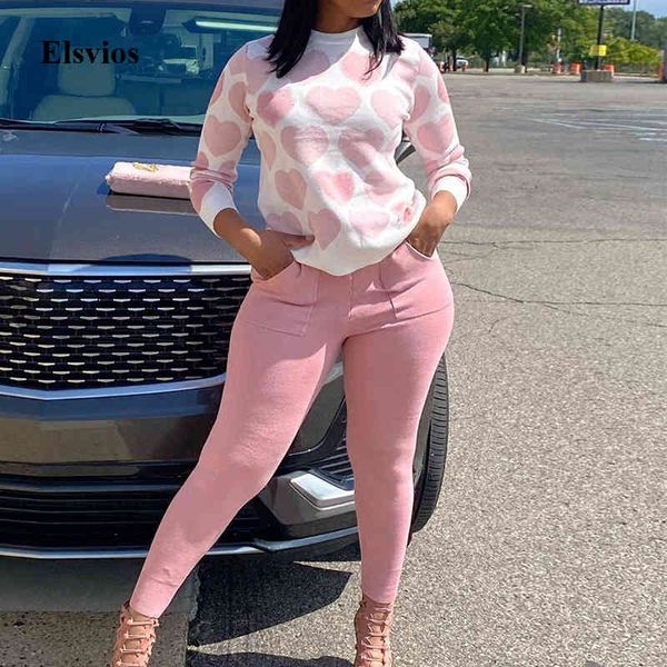 

women's tracksuits spring autumn women 2 piece sets solid pocket skinny pants suits casual heart print o-neck sweatshirt lady, Gray