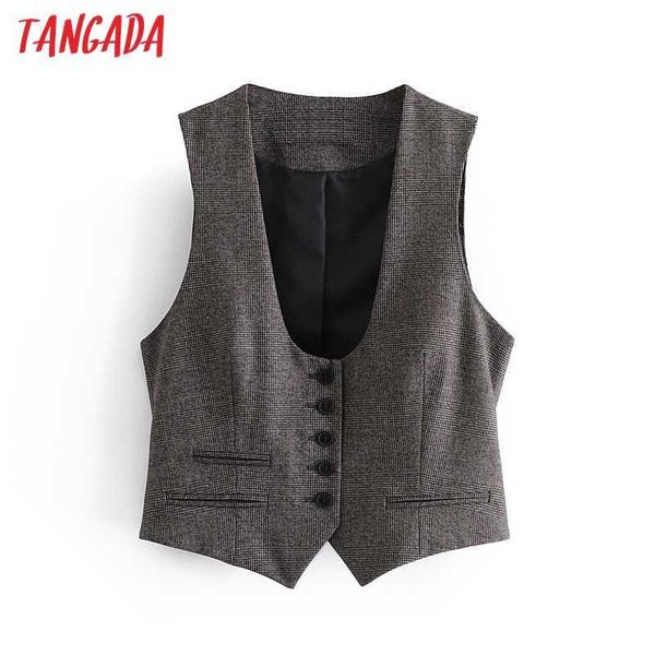 

tangada women fashion plaid pattern back belt vest v neck sleeveless female waistcoat chic 3h452 210609, Black;white