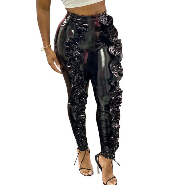 

plus size faux leather pants women high waist skinny pencil pants korean streetwear trousers ruffle slim party club pants, Black;white