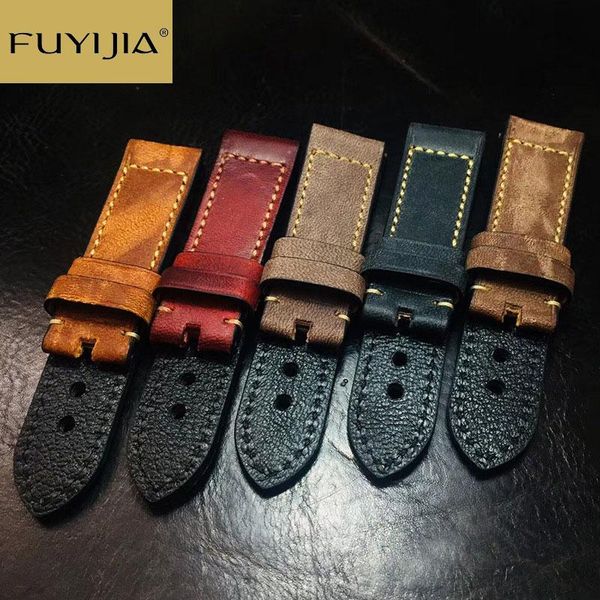 

watch bands fuyijia retro handmade cowhide watchbands men women custom band 20mm 22mm 24mm brand strap goat bottom leather belt 19, Black;brown