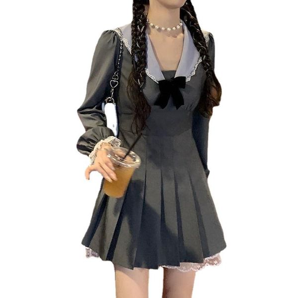 

casual dresses women korean fashion party mini lace long sleeve college style sweet cute dress 2021 autumn kawaii elegant, Black;gray
