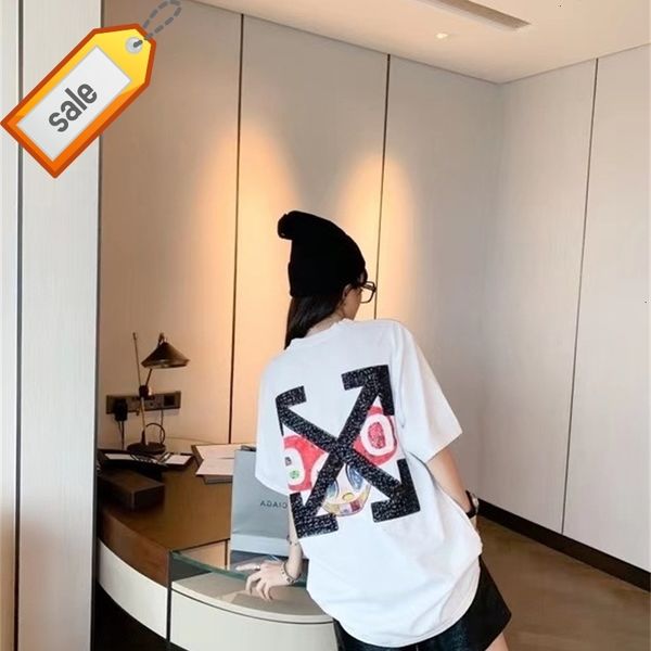 

/ off spring white 2021 summer new style and palm arrstyle print short sleeve t-shirt, White;black
